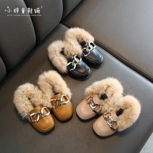 Warm Fleece Lined Childrens Slip-On Shoes Rabbit Fur Bean Boots Boys Girls Toddler Kids British Style Winter round Toe Flat Heel