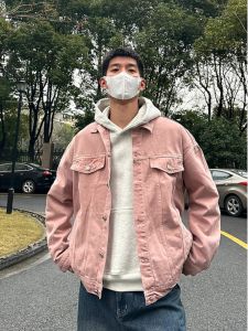 Cleanfit Pink Denim Jacket Mens Japanese-Style Retro Fancy Parka Jacket Trendy Handsome Denim Jacket