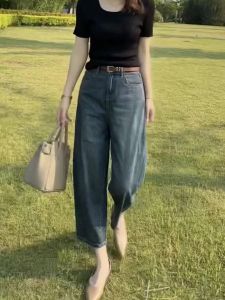 กางเกงยีนส์ทรงฮาเร็มเอวสูงทรงตรงผ้ายืดบางสำหรับผู้หญิงในช่วงฤดูร้อน กางเกงขายาวทรงหลวมเอวสูงทรงหลวมสำหรับผู้หญิงไซส์ใหญ่