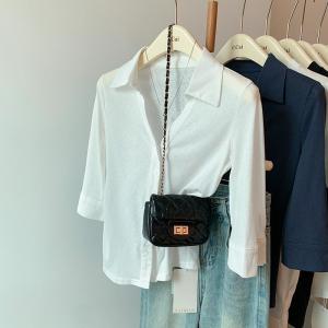 French Style White Polo Shirt Womens Lightweight Sun Protection Mid-Sleeve Casual Fashion Breathable Thin Luxury Top