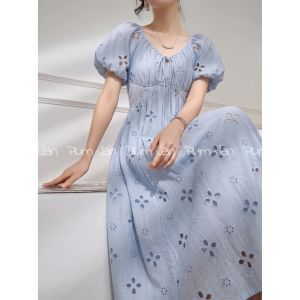 Đầm Thắt eo Tạo Dáng Tay Bồng Thêu và Dây Kéo Xanh cho Mùa Hè