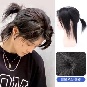 Wolf Tail Wig Mens Long Hair Samurai Head Style Half Tied Bangs Mens Full Head Cover Real Human Hair Straight Hair Wig