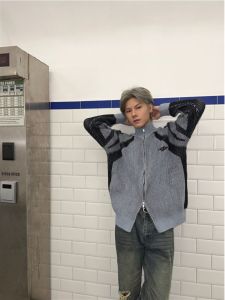 Retro American Design High Neck Knitted Sweater Mens Autumn Winter Couples Striped Open Cardigan Loose Fit Casual Style