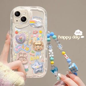 Mrhaha Cream Case+Bear Chain for iPhone 15 14 13 12 11 Pro Max X Xr Xs Max 7 8 14 Plus SE 2020 Ins Fashion Gradient Border Rainbow Rabbit Star Doll Cute Clear Handmade Accessories Beautiful Silicone Protective Cover🌈Ready Stock