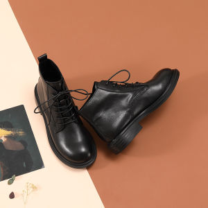 Leather Low Cut Martin Boots Womens British Style Short Boots round Head Flat Heel Boots Womens Short Tube Boots Autumn Winter Fleece