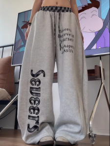 Casual Jazz Dance Letter Print Wide Leg Pants Womens Autumn Hip Hop Style Drawstring Sweatpants Hot Girl Loose Fit Sports Pants