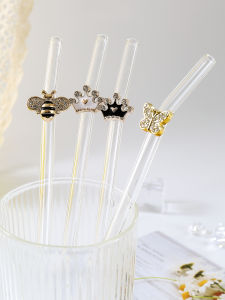 Double Color Crown Bee Butterfly Glass Straw Transparent Bendable Straws Home Kitchen Decor Birthday Gift Party Supplies