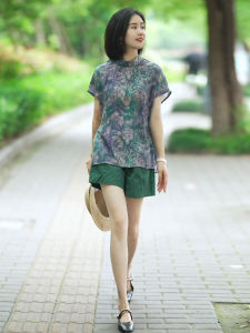 Summer New Womens Loose Large Size Printed Short Sleeve Chiffon Top Sweet Style Casual Shirt Half High Collar Three Acetate Fiber