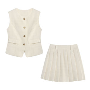 Pusumede Fragrance Style Set Womens Vest + Wool Pleated Mini Skirt Short Length round Neck Single Button Polyester Wool Blend