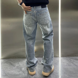 Premium Denim Straight Leg Washed Blue Jeans Mens Loose Luxury Long Trousers Fashionable Mid-High Waist Zipper Fly Polyester Fiber