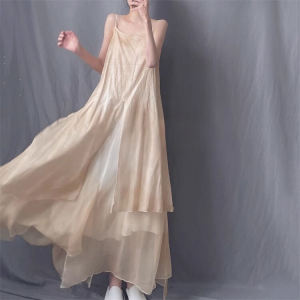 Váy Mùa Hè Không Dây Không Đều Thanh Lịch Váy Dài Không Tay Dáng Chữ A Cổ Tròn Chất Liệu Vải Lanh Váy Dài