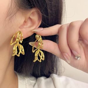 Trendy New Metal Tulip Flower Earrings Vintage Atmosphere Long Leaf Mosquito Coil Tray Clip-On Earrings Fashion Jewelry