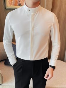 New Chinese Style Long Sleeve Ice Silk Slim Fit Shirt for Men Business Casual Stand Collar Korean Version Handsome Top