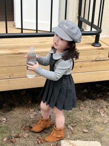 Girls Korean Style Woolen Plaid Dress Spring Autumn Comfortable Bicolor Pinafore Skirt Medium Length Casual Outfit
