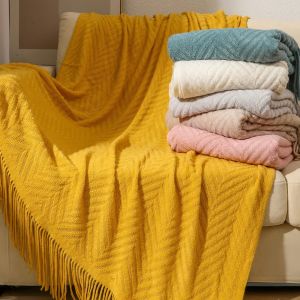 Yellow Knitted Deco Textured Throw Blankets for Couch Sofa Chair Bed Soft Warm Cozy Light Weight Decorative Blankets for Winter