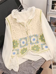 เสื้อกั๊กถักบางลายลูกไม้โปร่งแขนกุดคอวีแขนยาวผ้าชีฟองสำหรับผู้หญิงชุดสองชิ้นฤดูใบไม้ผลิและฤดูร้อนปี 2025