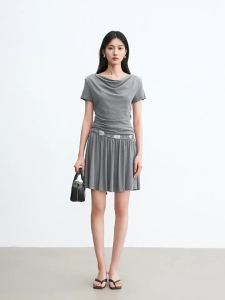 DESIGNICE | Elegant Off-Shoulder Short Sleeve Dress Gray
