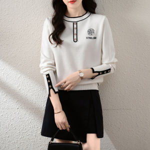 LUCKIN STORE Womens Long Sleeve Tops Knitwear Round-neck Versatile Casual Embroidered T-Shirt Korean Tops Autumn New Style Pullover Blouses（ready stock））