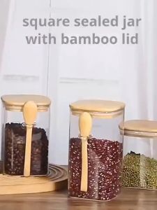 800/1000/1200ML Square Sealed Glass Jar with Wooden Spoon Seasoning Box Coffee Bean Tea Storage Container Kitchen Supplies