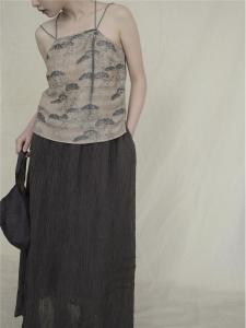 Retro Chinese Style Cotton Linen Early Autumn New Original Print Pleated Tassel Small Audience Hanfu Tube Top Short Strap