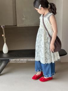 Korean Style Girls Lace Strap Dress Summer New Fashion Cool Thin Unique Design Dress Soft mid High Waist Daily Wear for Kids