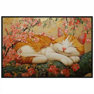 Tranh phong thủy con mèo vàng may mắn. Tranh treo tường dán tường sơn dầu canvas CGI-1664