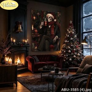 VIKAMA Creepmas Santa Skeleton Tapestry Mulled Wine Wingchair Wall Art Shadowy Phong Cách Victoria Yule Festal Trang Trí Nhà Cửa