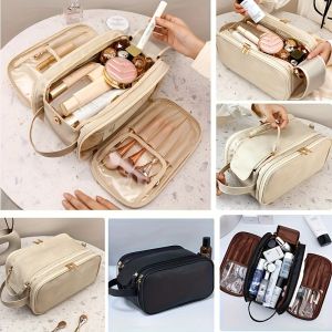 Leather Large Capacity Travel Cosmetic Bag Portable Women Makeup Case Waterproof Multifunctional Toiletry Organizer Storage Bag