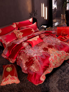 Wedding Silk Cotton Embroidery Bedding Set Red New Couple Duvet Cover Long Velvet Cotton Bedding European Style High Density