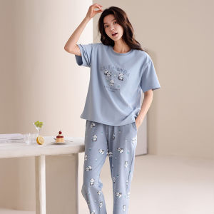 MiiOW | ชุดนอนผู้หญิงผ้าฝ้ายแท้แขนสั้นฤดูร้อน 2025 ชุดนอนสบายๆ แขนสั้น กางเกงขายาว ชุดนอนสำหรับใส่ในบ้าน ชุดนอนสบายๆ