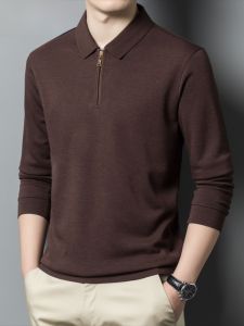 HENGYUANXIANG | Hengyuanxiang Mens Long Sleeve Knitted Wool Blend Casual Polo Shirt Autumn Thickened Dad Style T-Shirt Standard Fit Youth Trend