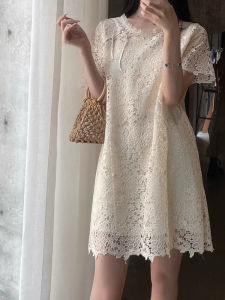 Summer Womens Short Sleeve Soluble Lace Flower Embroidery Button Dress Korean Style round Neck High Waist A-Line Midi Skirt