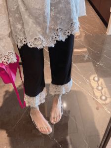 plus Size Casual Lace Trim Patchwork Hem Slimming Wide Leg Pants for Women High Waist Straight Leg Pants Summer Commute Style