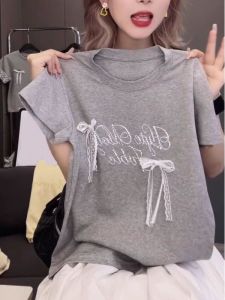 Áo Thun Tay Ngắn Dáng Rộng Phong Cách Hàn Quốc Mùa Hè 2025 Cho Nữ Thiết Kế Ren Thắt Nút Bướm Thời Trang Đa Năng Thường Ngày