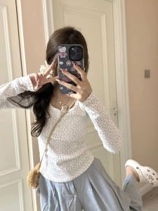 Sweet Floral Long Sleeve round Neck Womens Base Shirt T-shirt Autumn Winter New Style Button Versatile Slimming Inner Wear Top