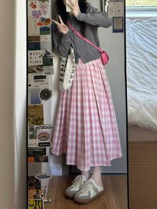 Pink Plaid A-Line Midi Skirt Womens plus Size Pear Body Shape Korean High Waist Versatile Plaid Pleated Long Skirt