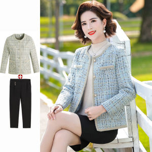 Áo Khoác Ngắn Mùa Thu Cho Phụ Nữ Trung Niên 40 Tuổi Phong Cách Hương Thơm Nhỏ Thời Trang Cổ Đứng Nút Đơn Dài Thường