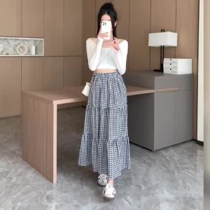Patchwork Tiered Skirt Women 2025 Summer Vintage Checkered High Waisted Elastic Waist Slimming Midi Skir
