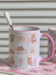 Original Cute Bear Ceramic Mugs with Lid And Spoon Pink Breakfast Milk Oats Cup Best Friend Gifts Single Ear Handle Mugs