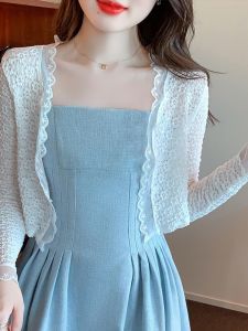 Lace Open Cardigan Womens Long Sleeve Summer Outerwear Short Thin Coat Sun Protection Clothing V-neck Splice Hollow out