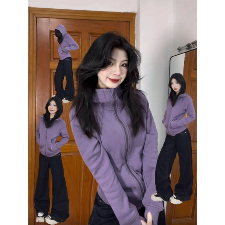 Purple Small Size Fleece Lined Hooded Jacket Women's Sporty Thickened Slim Fit Waist Cinched High End Short Length Sweatshirt