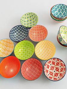 4.75 Inch Japanese Style Ceramic Rice Bowl Underglaze Color National Pattern Ethnic Design Home Use Dining Bowl