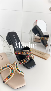 Sara Sara Manchu Sandal Slop Heels Hak Tinggi Wanita Aksen Warna-Warni Kekinian Terbaru