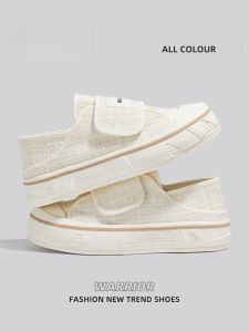 Warrior | Womens Canvas Slip-On Shoes Spring Autumn New Style Backless Half Slippers Versatile Little Fragrance Style Flat White Sneakers