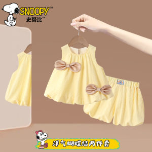 Snoopy Baby Girl Summer Outfit Korean Style Two-Piece Set Butterfly Print Bubble Skirt And Cute Pants Adorable Child Ensemble