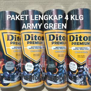 Pilok Cat Diton Premium Paket Lengkap 4 Kaleng  Army Green Hijau Army 9303 Primer Grey 9120 White 9102 Clear Gloss 9128 400cc Pilox Paketan Cat Semprot Special Spray Paint