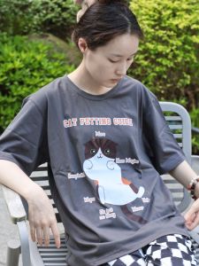 Liximao Original Cat Print Cotton T-Shirt Couple Loose Short Sleeve round Neck Summer Casual Thin Cartoon Animal Pattern