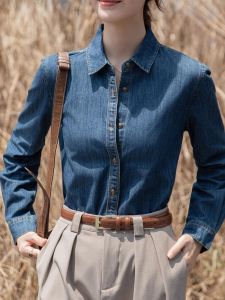 Deep Blue Retro Womens Denim Shirt Inner Wear Layering Soft Top Shoulder Width Regular Length Long Sleeve Cotton Blend Shirt