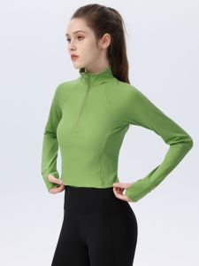 เสื้อยืดโยคะแขนยาวผู้หญิง ทรงสลิมฟิต วิ่ง ออกกำลังกาย คอตั้ง ซิปครึ่งตัว เสื้อผ้ากีฬา ผ้าไนลอน ดูดซับเหงื่อ แห้งเร็ว ยืดหยุ่นสูง ฤดูใบไม้ร่วง