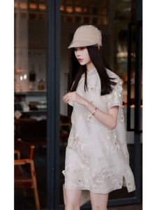 High Waist Midi Dress with Short Sleeves and Plant Florals Embroidery Chinese Style Womens Summer Clothing 2024 New Arrival